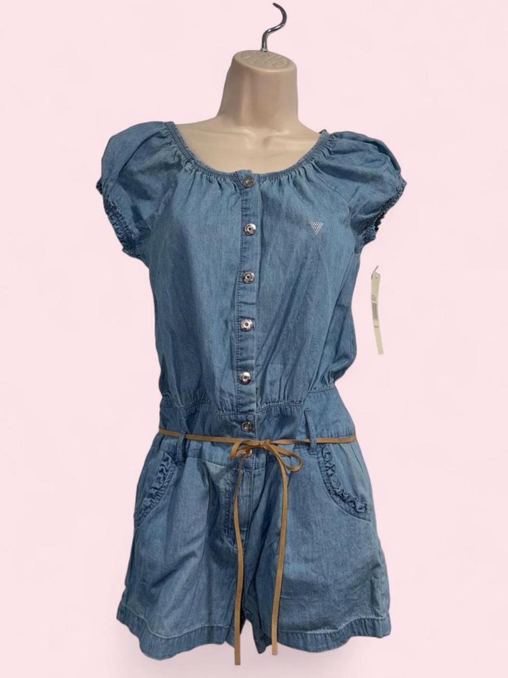 Light Wash Denim Romper with Tie Belt